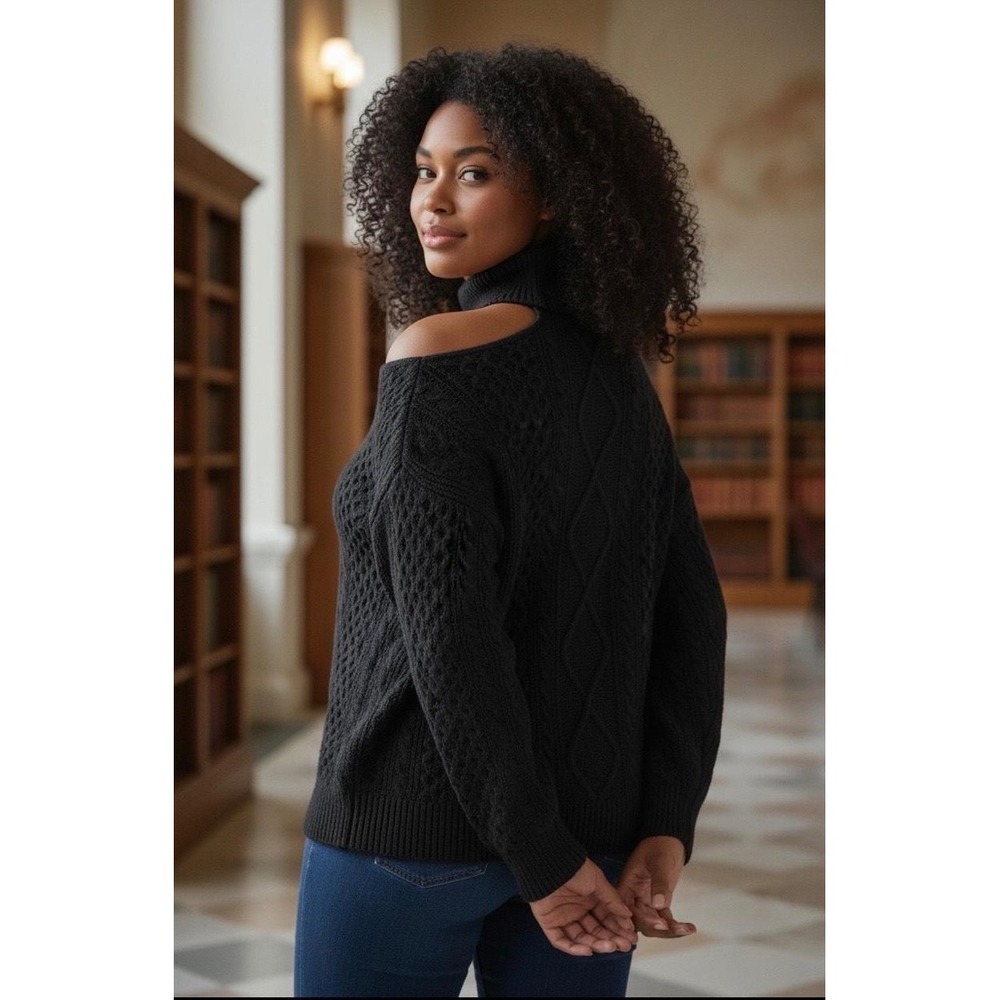 Black Women's Cutout Ribbed Turtleneck Sweater‎ Modern Chic Size XL
